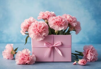 Fototapeta premium A pink gift box with a bow and pink carnation flowers on a blue background