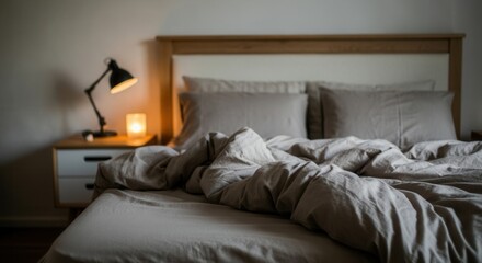 Cozy bedroom with warm lighting messy bed