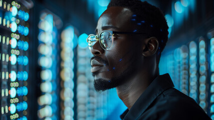 artificial intelligence cyber security threat illustration concept AI banner. Black african american male IT specialist analysing privacy data information leaks in server room technology business