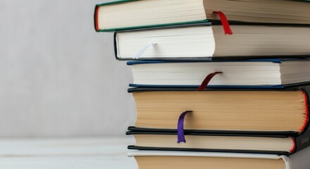 Fototapeta premium Stack of hardcover books with colorful bookmarks