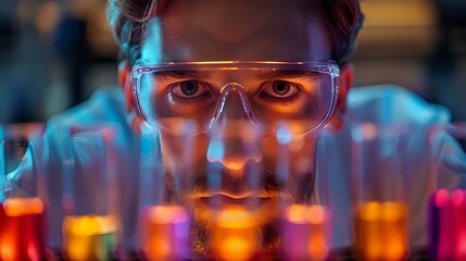 Scientist wearing safety glasses focused on colorful test tubes in a laboratory setting. Perfect for science, innovation, research, or medical concepts.