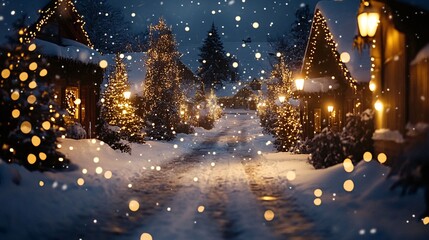 A serene, snow-covered street illuminated by festive lights and adorned with Christmas trees, creating a cozy winter atmosphere.