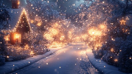 Naklejka premium A serene winter scene with a cozy cottage, glowing lights, and softly falling snow, creating a magical, festive atmosphere.