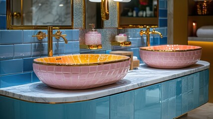 Elegant bathroom design featuring colorful sinks and stylish decor.