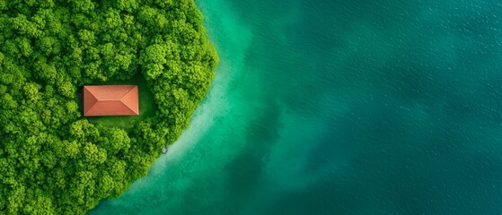 A small house in the middle of a lush green forest