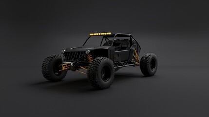 Concept car in black, built for extreme speed. Powerful car with gold details, an extreme 4x4 vehicle.