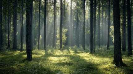 Obraz premium A serene forest scene with sunlight filtering through tall tree, illuminating lush greenery.