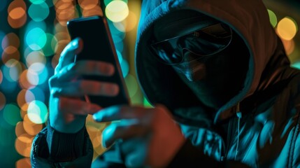 A mysterious figure with a hood and sunglasses using a smartphone in an urban setting.