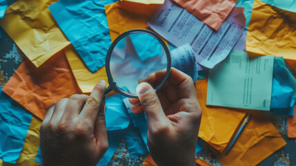 A person examining colorful notes with a magnifying glass on a textured surface.