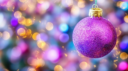 Fototapeta premium Sparkling purple christmas ornament with festive bokeh background