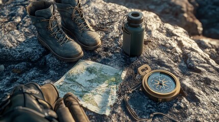 A rugged outdoor scene featuring hiking boot, boots, a map, a compass, and a water bottle, mock-up on a rock.