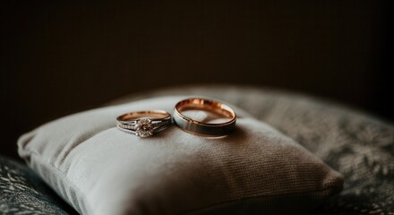 Elegant wedding rings resting on cushion