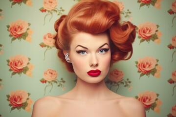 Portrait of a woman with a classic 1950s hairstyle and makeup, exuding old hollywood charm