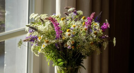 Sunny window display of vibrant wildflowers bouquet indoors
