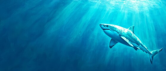 Obraz premium A great white shark swimming in the ocean with sunbeams shining through the water