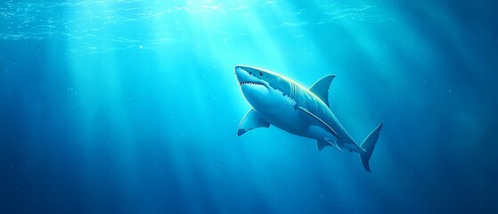 Fototapeta premium A shark swimming in the ocean with sunbeams shining through the water