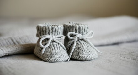 Cozy knitted baby booties on soft blanket background