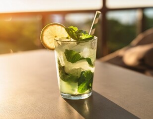 A Refreshing Cocktail of Icy Mojito with Fresh Mint Leaves and Lime Slices, Captured in Bright, Airy Natural Light for a Perfect Summer Vibe