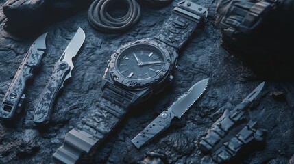 A tactical arrangement featuring a watch and knive on a textured surface, emphasizing utility and adventure.