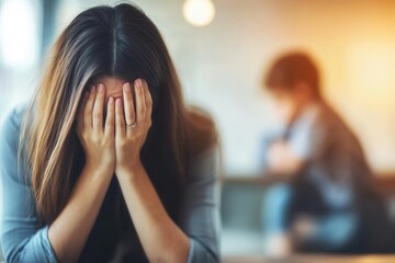 Woman feeling stressed with child in background
