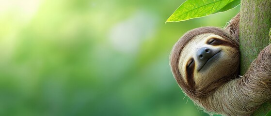 Fototapeta premium A sloth sleeping on a tree branch with its eyes closed