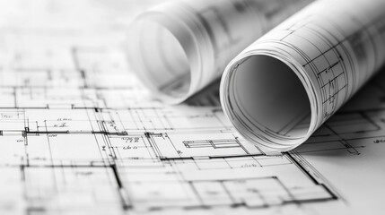 Architectural blueprints rolled on a table for design planning.