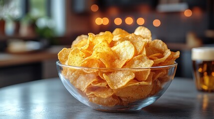 Potato chips in a glass bowl on a modern kitchen counter