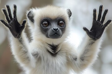 Obraz premium Adorable baby lemur with raised hands in playful pose
