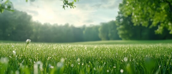 Fototapeta premium A field of green grass with water droplets on it