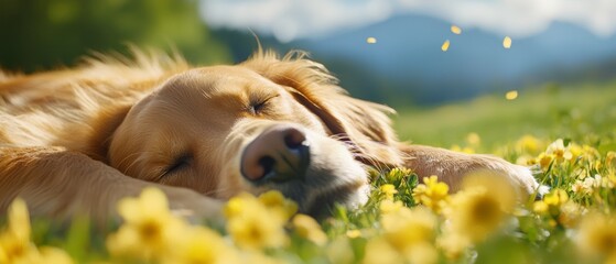 A golden retriever sleeping in a field of yellow flowers