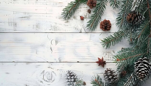 Christmas Concept Gift Card Fir Tree Branches Pinecones Wooden White Rustic Background Copy Space Banner Backdrop