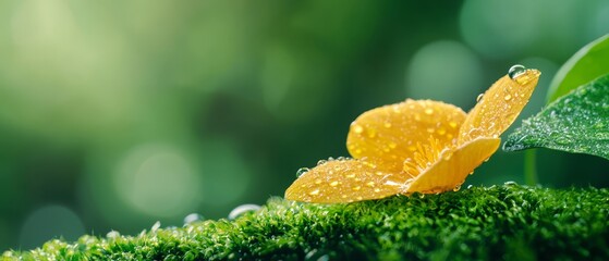 A yellow flower with water droplets on a green leaf