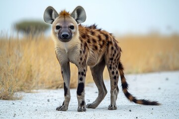 Majestic hyena standing in grassy savannah, highlighting unique patterns and expressive eyes