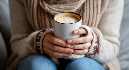Cozy moment with warm sweater coffee cup