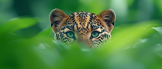 Obraz premium A close up of a jaguar peeking out from behind some leaves
