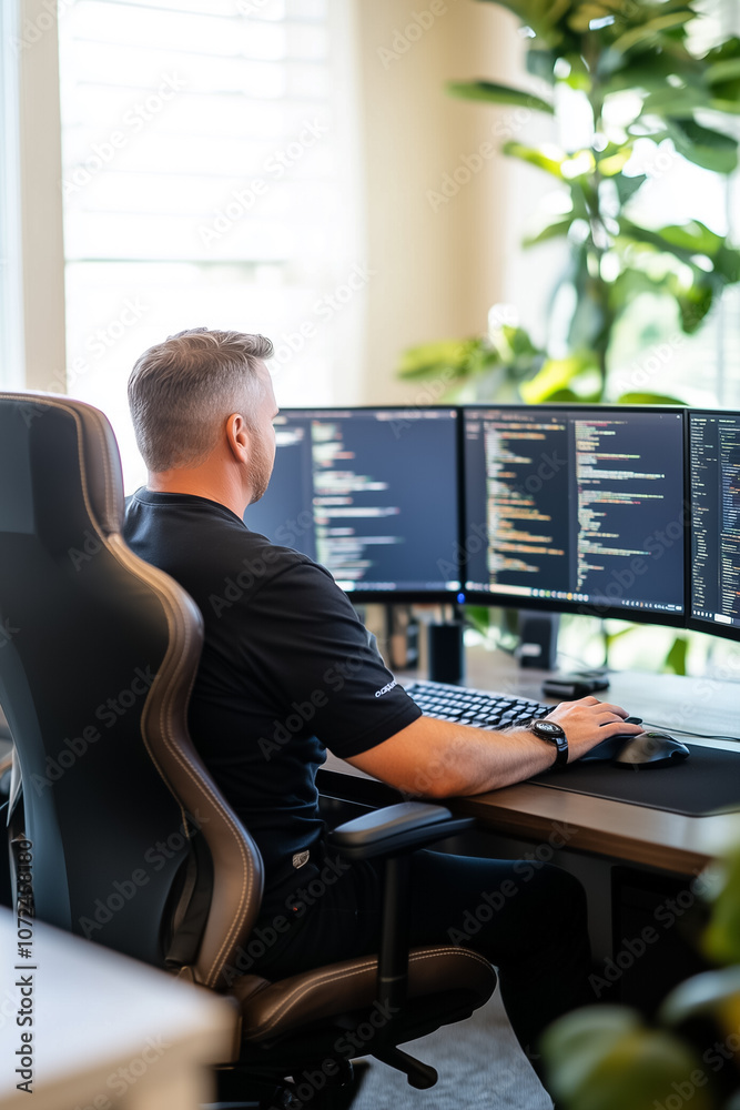 Poster a person focuses on coding while seated at a workstation with multiple monitors and greenery surroun