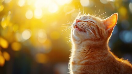 A cheerful orange cat basks in warm sunlight, playfully showcasing its joyful personality against a vibrant backdrop