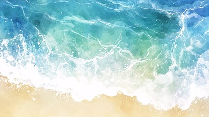 Beautiful Abstract Watercolor Ocean Waves Design with Soft Blue and Green Tones Merging into Sandy Beach for Elegant Background Use