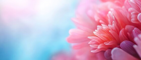 A close up of a pink flower on a blue background