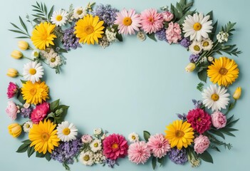 Fototapeta premium A flat lay of various colorful flowers arranged in a creative layout with space for text in the middle