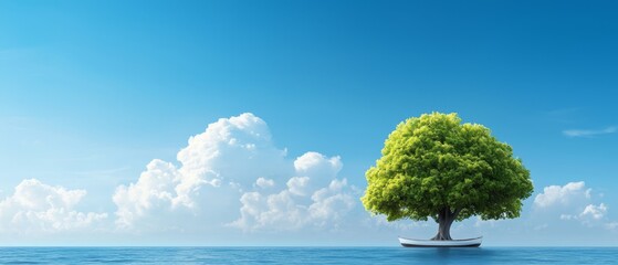A lone tree in the middle of the ocean with a boat in the foreground