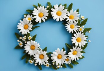 Obraz premium A wreath made of daisies on a blue background