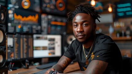 Young African American man with dreadlocks sitting at bar counter in modern urban cafe, perfect for lifestyle, hospitality and millennial marketing campaigns.