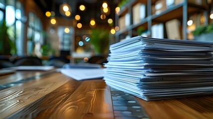 Stack of paper documents on wooden desk in modern office interior with blurred background and bokeh lights, business workflow concept for administration.