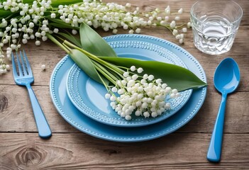 A table setting with blue cutlery and a vase of lily of the valley flowers on a wooden background.