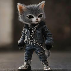 A cute, gray cat wearing a black leather jacket, blue jeans, silver chains, and black combat boots.