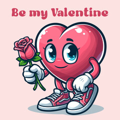 Obraz premium Retro groovy heart mascot character with romantic quote. Valentine's day concept.