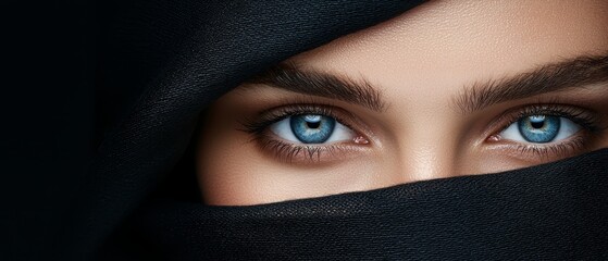 Naklejka premium A woman with blue eyes peeking out from behind a black veil