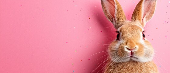 Fototapeta premium A rabbit on a pink background with confetti