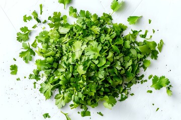 Obraz premium Fresh cilantro leaves arranged on a white background, isolated and ready for use in culinary designs, food advertisements, or organic product promotions.